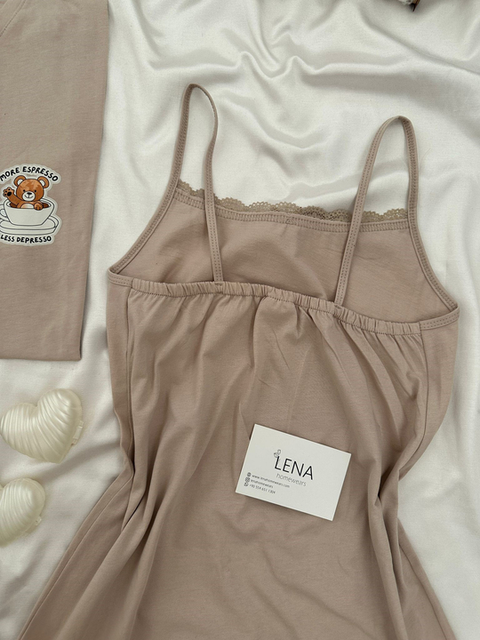 Bej Ayıcık Gecelikli Çift Pijama Takımı