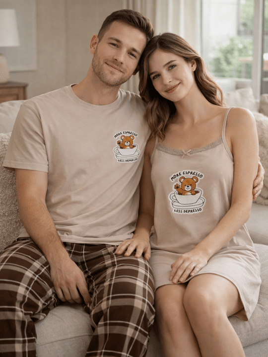 Bej Ayıcık Gecelikli Çift Pijama Takımı