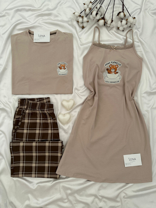 Bej Ayıcık Gecelikli Çift Pijama Takımı