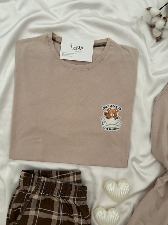 Bej Ayıcık Gecelikli Çift Pijama Takımı