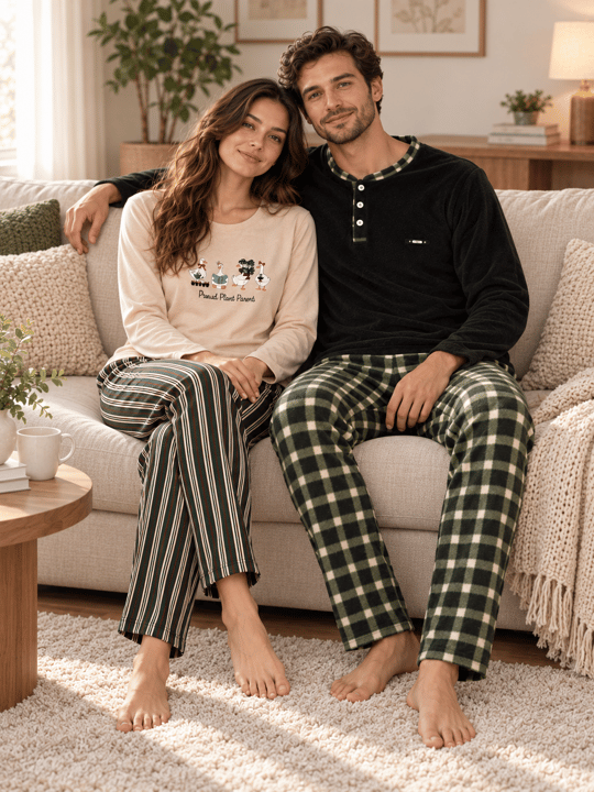 Bej Ördek ve Haki Ekose Günlük Rahat Sevgili Çift Uzun Kollu Pijama Takımı (2li Set)