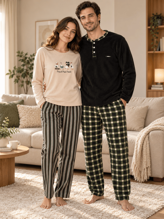 Bej Ördek ve Haki Ekose Günlük Rahat Sevgili Çift Uzun Kollu Pijama Takımı (2li Set)