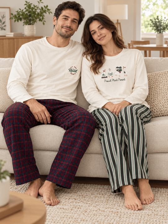 Ekru Ördek & Çizgi ve Ekose Desenli Sevgili Çift Uzun Kollu Pijama Takımı (2Lİ SET)