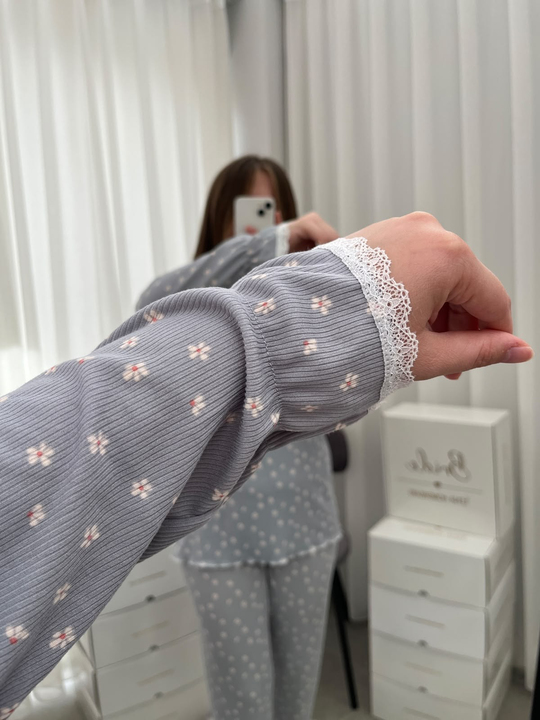 Gri Mini Papatya Uzun Kollu Berlin Pijama Takımı