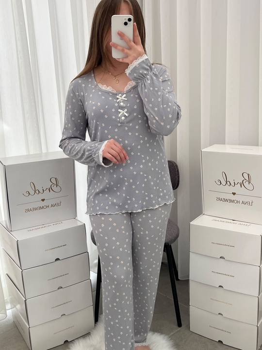 Gri Mini Papatya Uzun Kollu Berlin Pijama Takımı