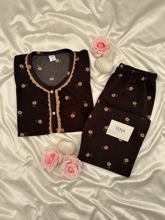 Kadın Kahverengi Gül Desenli Waffle Uzun Kollu Pijama Takımı