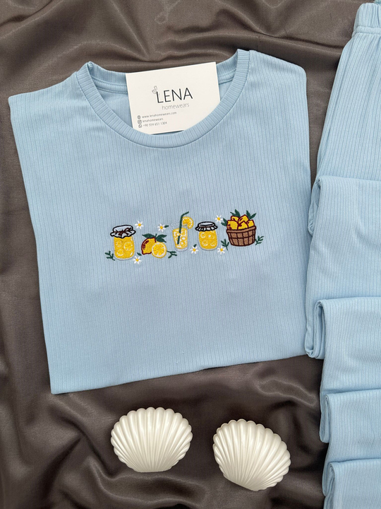 Kadın Mavi Nakışlı Kısa Kollu Oslo Pijama Takımı