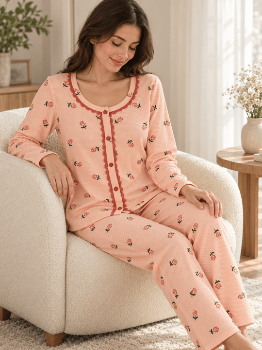 Kadın Somon Gül Desenli Waffle Uzun Kollu Pijama Takımı