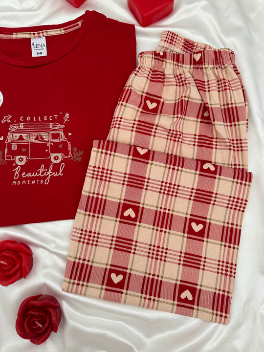 Kırmızı Collect %100 Pamuk Kısa Kollu Pijama Takımı 