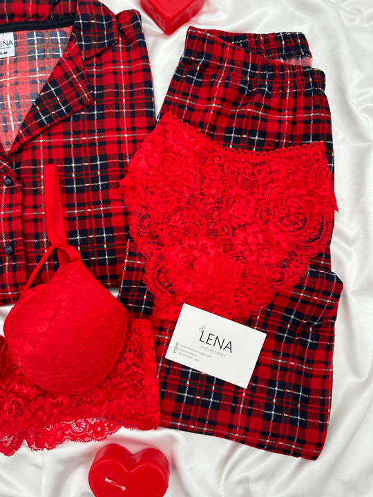 Kırmızı Ekose Desenli 4lü Termosoft Uzun Kollu Pijama Takımı