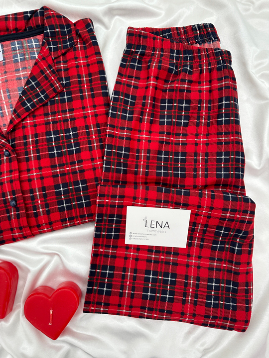 Kırmızı Ekose Desenli Termosoft Uzun Kollu Pijama Takımı