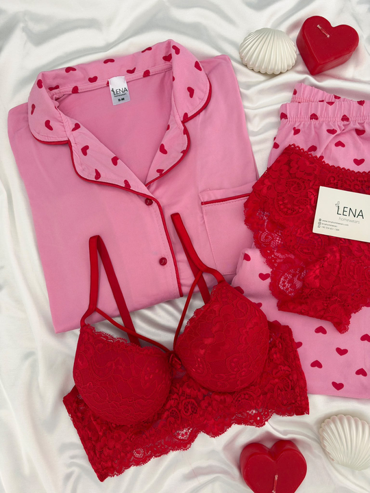 Kırmızı Kalp Desenli Pembe Milan Uzun Kollu 4lü Pijama Takımı
