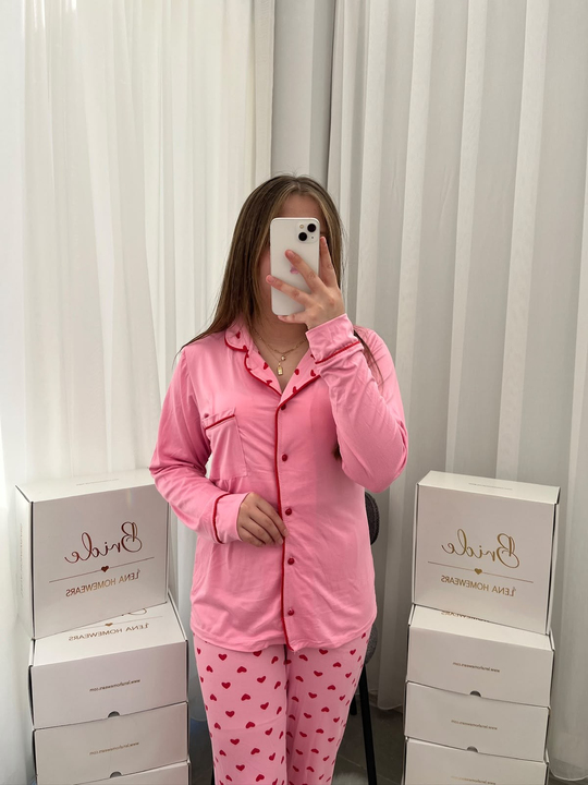 Kırmızı Kalp Desenli Pembe Milan Uzun Kollu 4lü Pijama Takımı