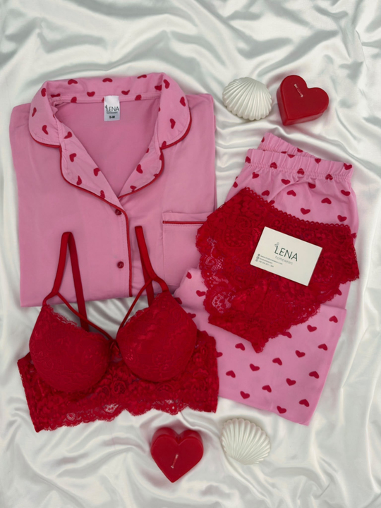 Kırmızı Kalp Desenli Pembe Milan Uzun Kollu 4lü Pijama Takımı