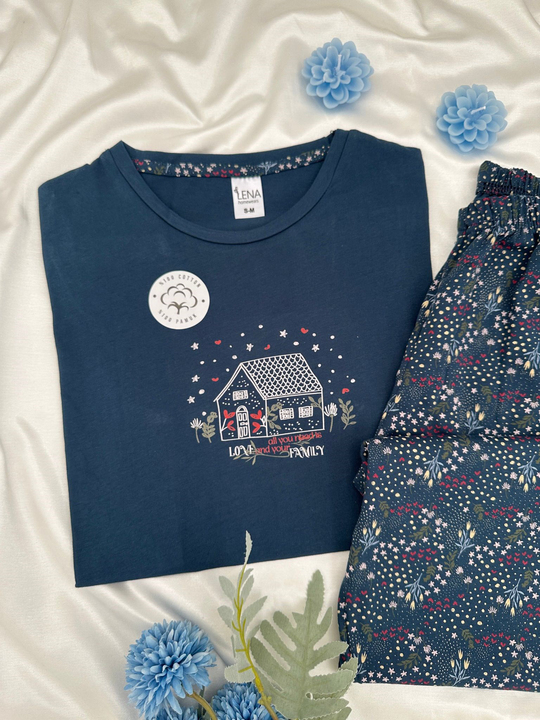 Lacivert House %100 Pamuk Kısa Kollu Pijama Takımı 