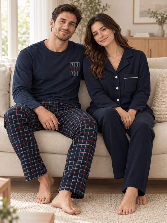 Lacivert Klasik & Ekose Sevgili Çift Uzun Kollu Pijama Takımı (2Lİ SET)
