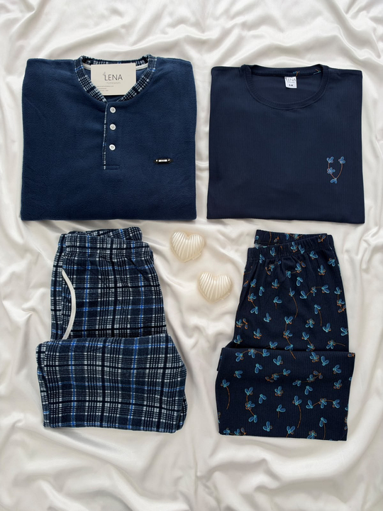 Lacivert Mavi Çiçek & Ekose Sevgili Çift Uzun Kollu Pijama Takımı (2Lİ SET)