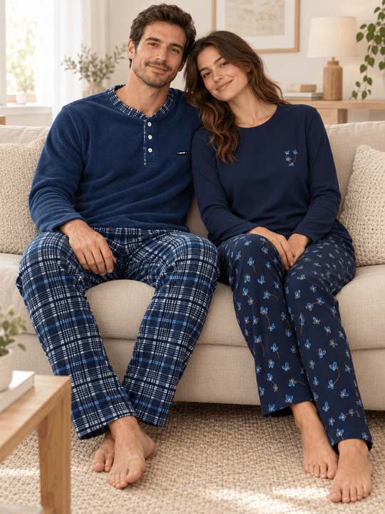 Lacivert Mavi Çiçek & Ekose Sevgili Çift Uzun Kollu Pijama Takımı (2Lİ SET)
