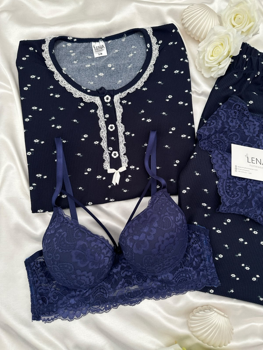 Lacivert Papatya Desenli Waffle Uzun Kollu 4lü Pijama Takımı