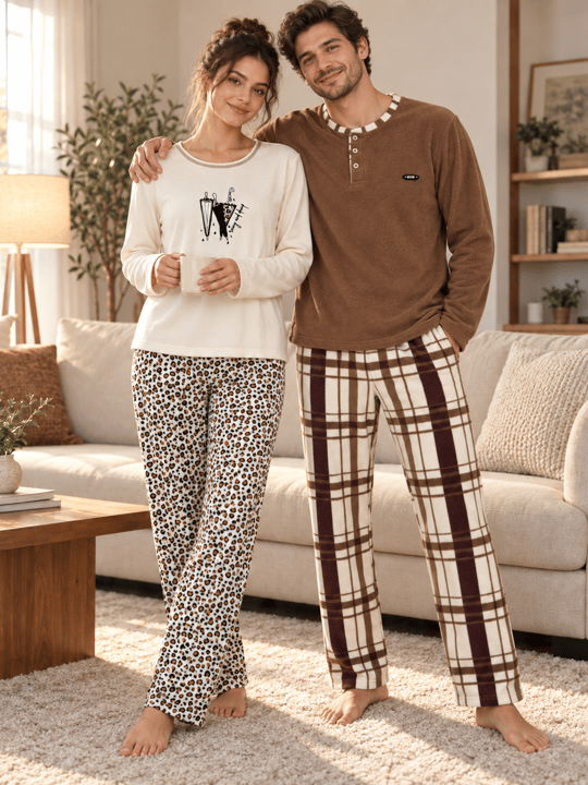 Leopar ve Kahve Ekose Günlük Rahat Sevgili Çift Uzun Kollu Pijama Takımı (2li Set)