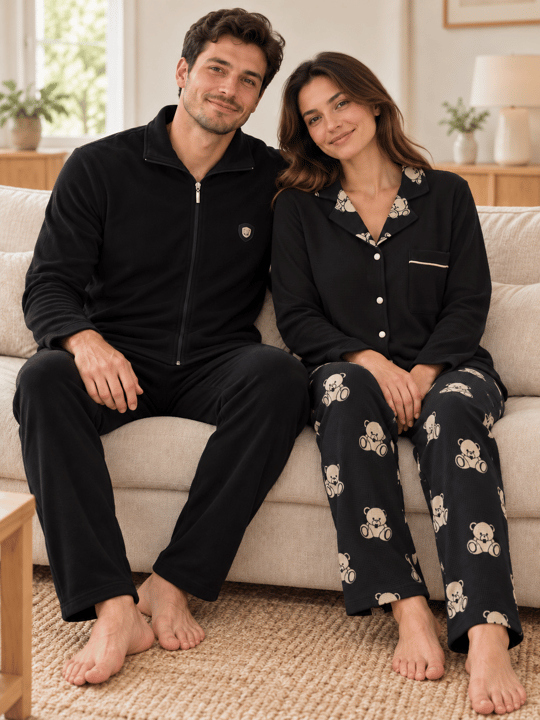 Siyah Ayıcık & Boydan Fermuarlı Sevgili Çift Uzun Kollu Pijama Takımı (2Lİ SET)