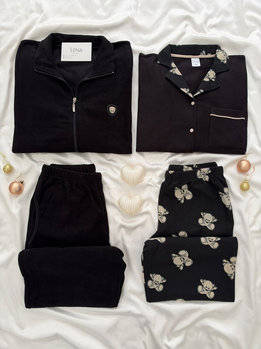 Siyah Ayıcık & Boydan Fermuarlı Sevgili Çift Uzun Kollu Pijama Takımı (2Lİ SET)