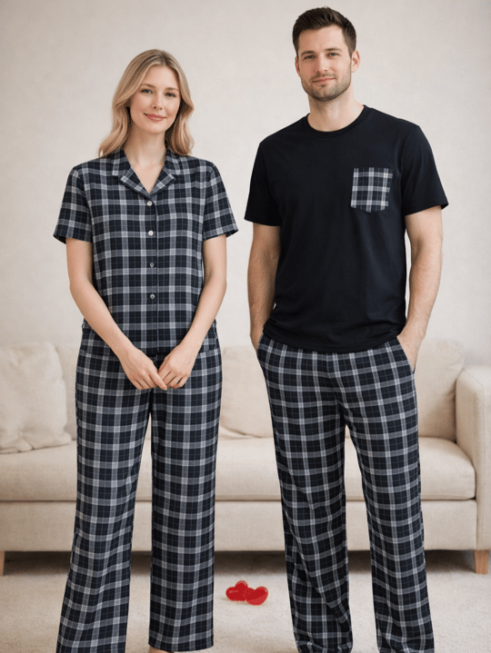 Siyah & Beyaz Ekose Çift Pijama Seti