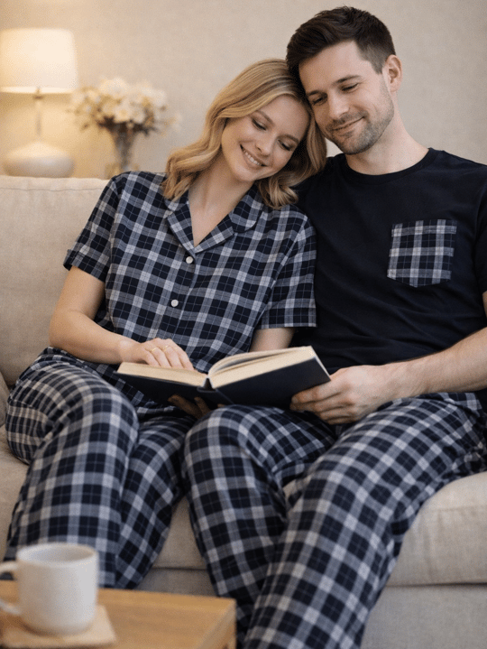 Siyah & Beyaz Ekose Çift Pijama Seti