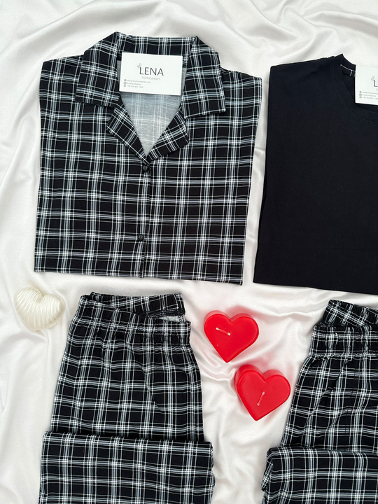 Siyah & Beyaz Ekose Çift Pijama Seti