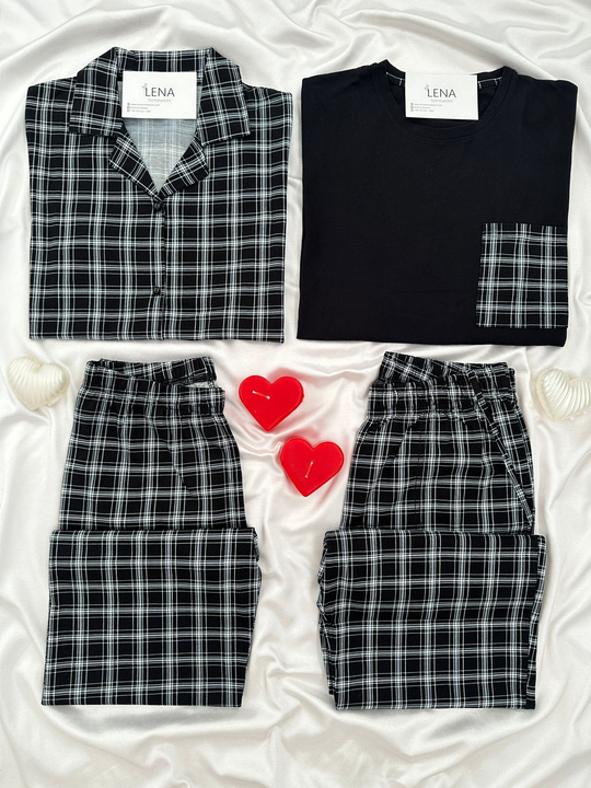 Siyah & Beyaz Ekose Çift Pijama Seti