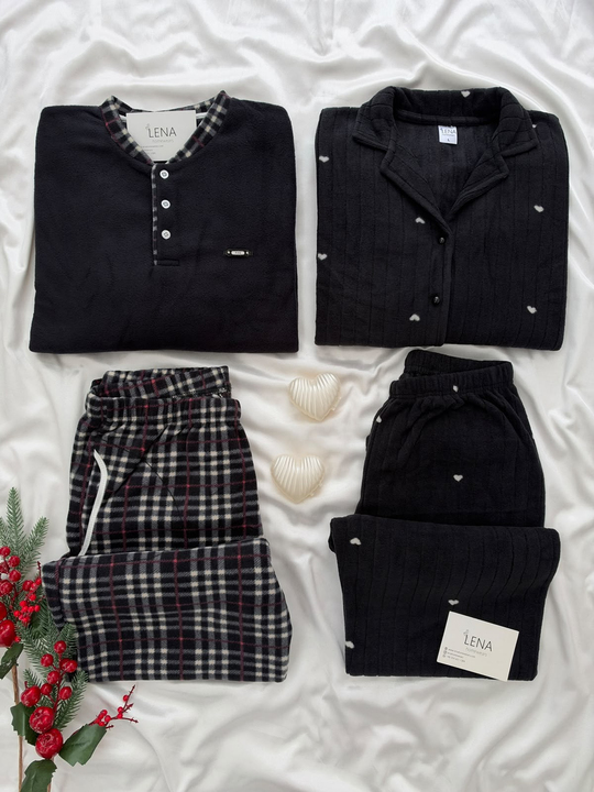 Siyah Kalp & Ekose Sevgili Çift Uzun Kollu Pijama Takımı (2Lİ SET)