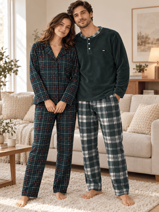 Yeşil Ekose Günlük Rahat Sevgili Çift Uzun Kollu Pijama Takımı (2li Set)