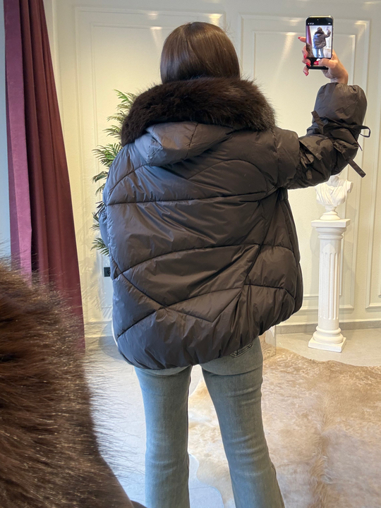 Acı Kahve Kürk Yaka Detaylı Şişme Mont