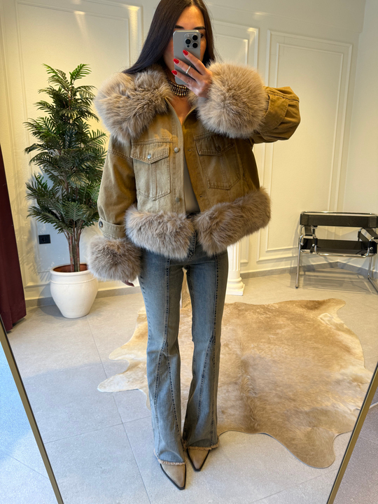Camel İthal Kürk Detaylı Denim Ceket
