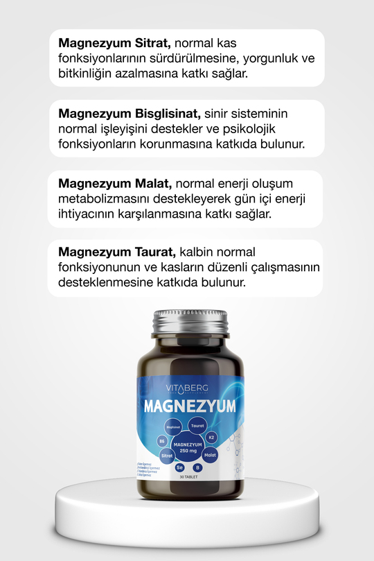 Vitaberg Magnezyum | Bisglisinat, Taurat, Sitrat, Malat + K2, B6, Bor, Selenyum
