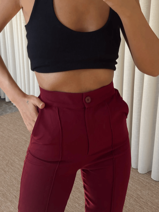 Beli Lastikli Çımalı Pantolon  - Bordo