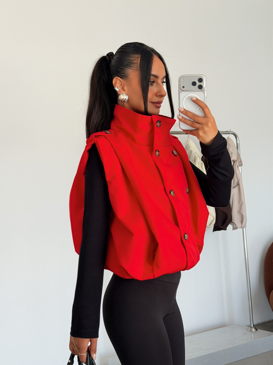 Apolet Detaylı Oversize Yelek - Kırmızı