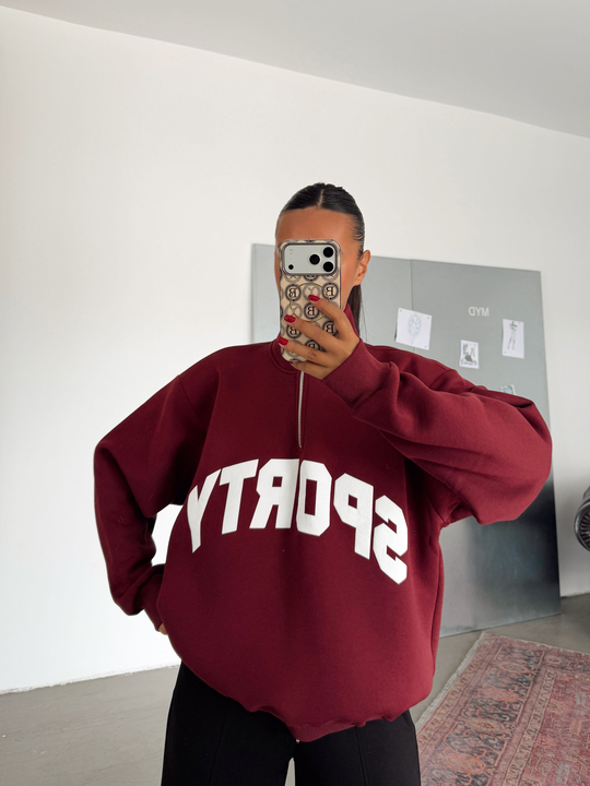 Sporty Yarım Fermuar Sweat - Bordo