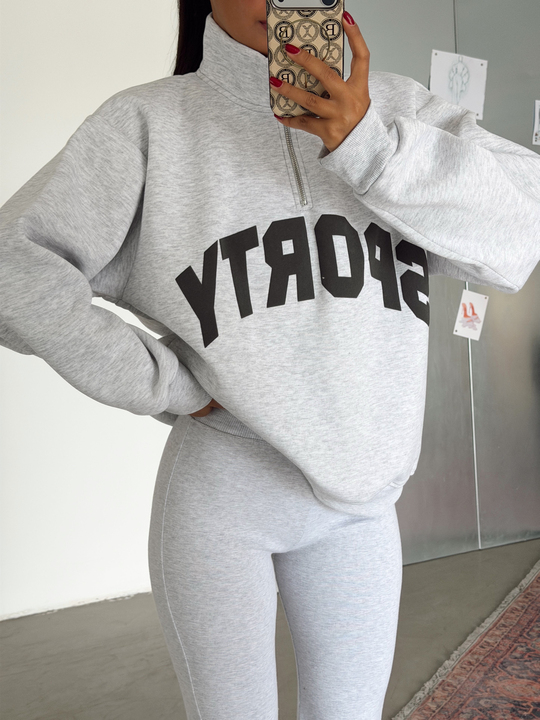 Sporty Yarım Fermuar Sweat - Gri