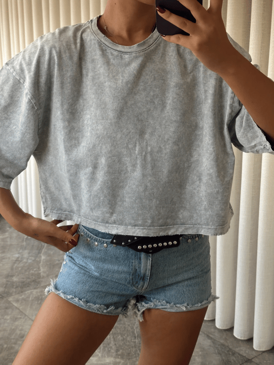 Yıkamalı Düz Crop Basic - Gri