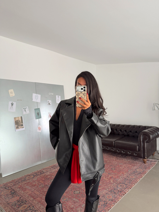 Kemerli Oversize Deri Ceket  - Siyah