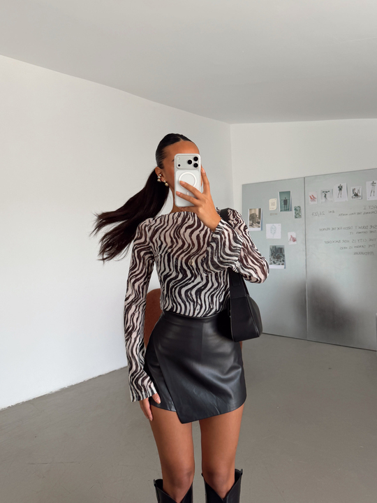 Zebra Desenli Tül Bluz - Siyah