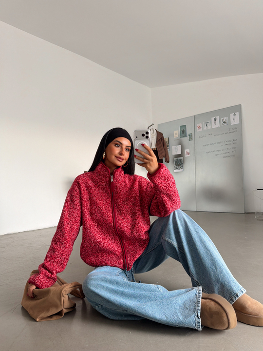Fermuarlı Peluş Ceket - Pembe