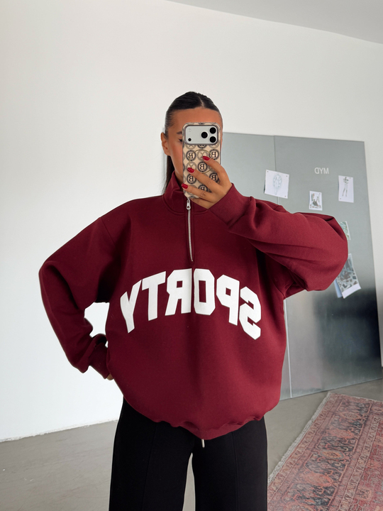 Sporty Yarım Fermuar Sweat - Bordo