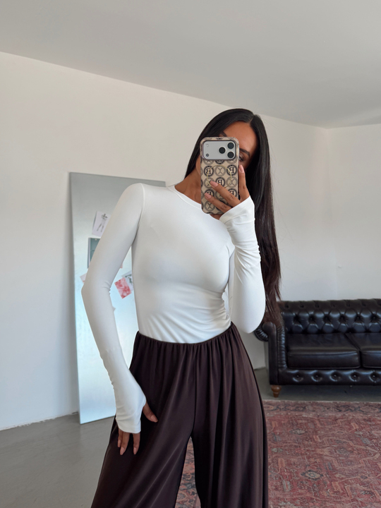 Bisiklet Yaka Uzun Kol Bodysuit - Ekru