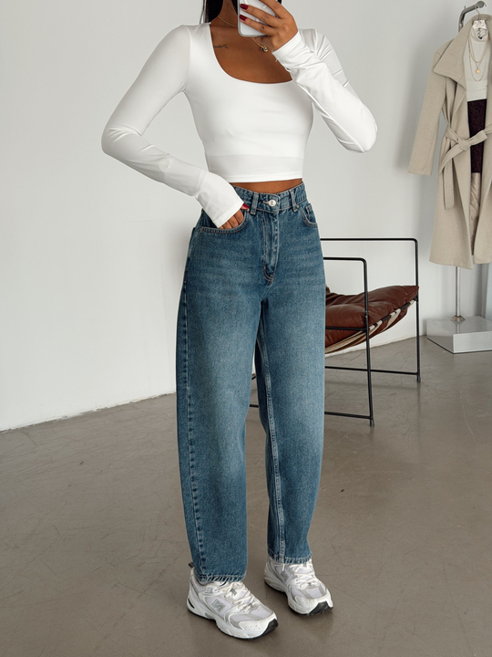Barrel Fit Mom Jean - Mavi Yıkama