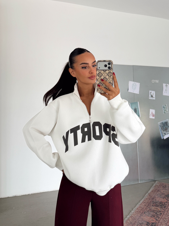 Sporty Yarım Fermuar Sweat - Ekru