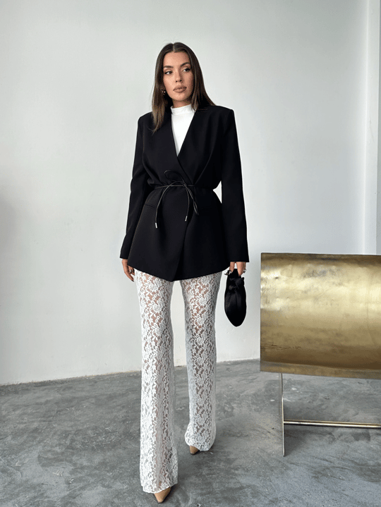 Deri Kemerli Blazer Ceket - Siyah