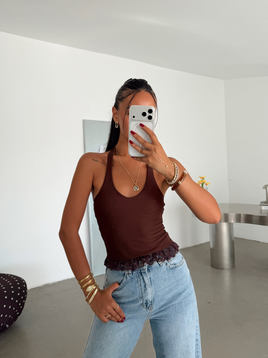 Etek Ucu Dantelli Crop - Kahve