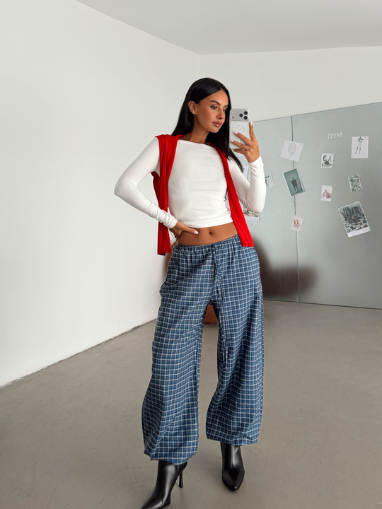 Bel Lastik Ekoseli Jogger Pantolon - Lacivert